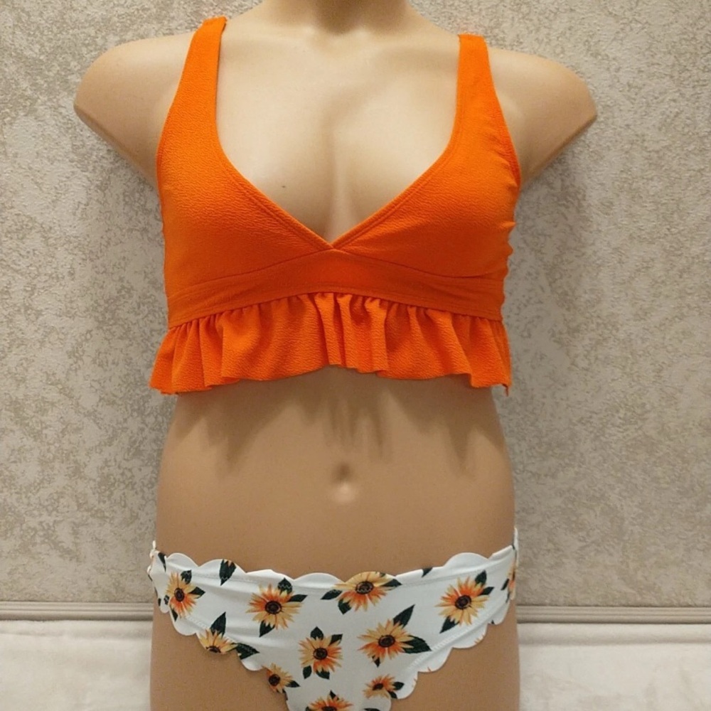 SHEIN Vibrant Orange Ruffle Sunflower Bikini Set